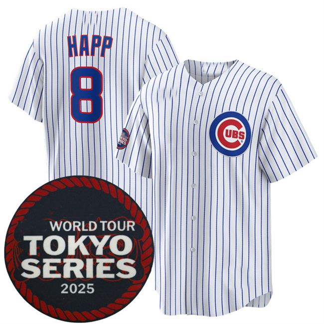 Chicago Cubs #8 Ian Happ White 2025 World Tour Tokyo Series Home Stitched Baseball Jersey