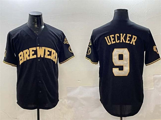 Milwaukee Brewers #9 Bob Uecker Black Gold With Home Patch Limited Stitched Baseball Jersey