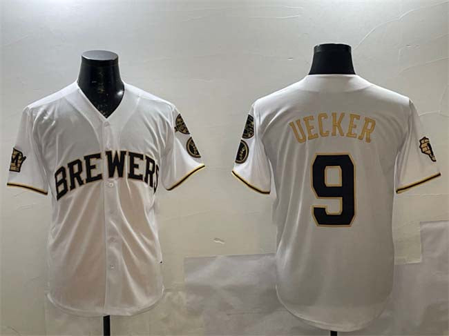 Milwaukee Brewers #9 Bob Uecker White Gold With Home Patch Limited Stitched Baseball Jersey