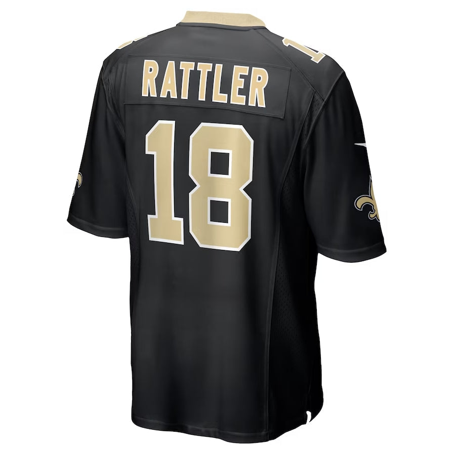 NO.Saints #18 Spencer Rattler Black Game Stitched American Football Jersey