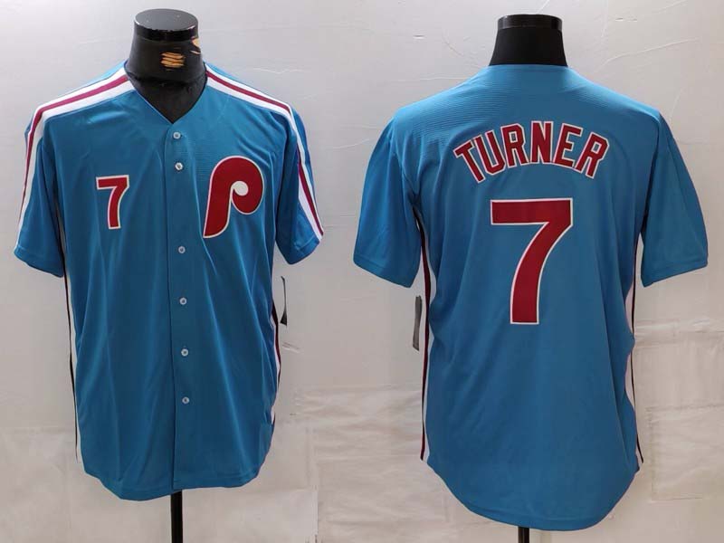 Philadelphia Phillies #7 Trea Turner Number Blue Cooperstown Throwback Cool Base Stitched Baseball Jerseys