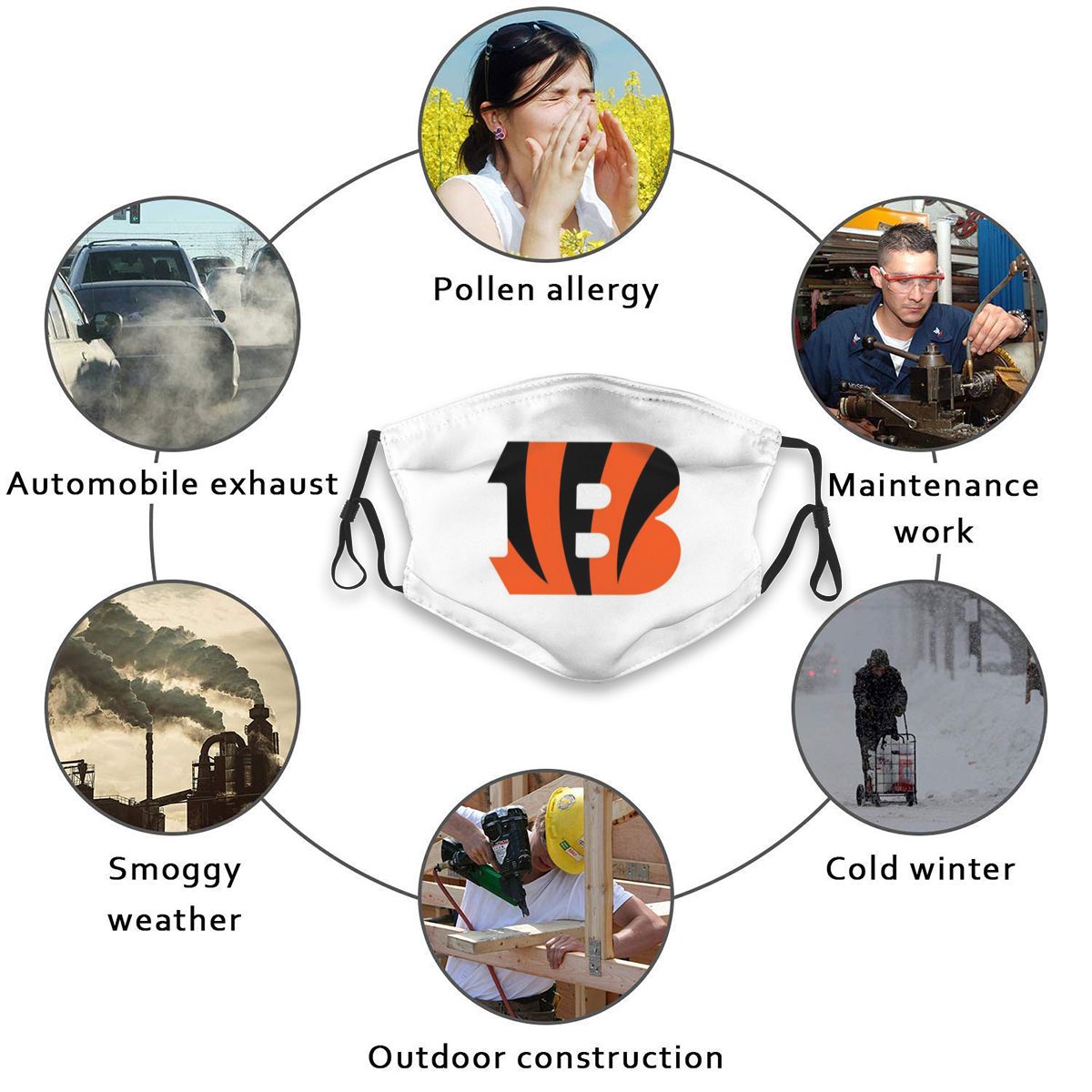 White Print Football Personalized Cincinnati Bengals Adult Dust Mask With PM 2.5 Filters