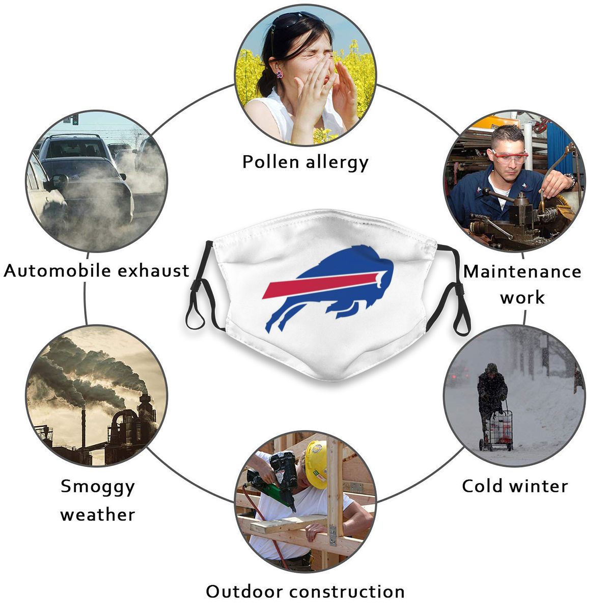 Print Football Personalized White Buffalo Bills Adult Dust Mask With Filters PM 2.5