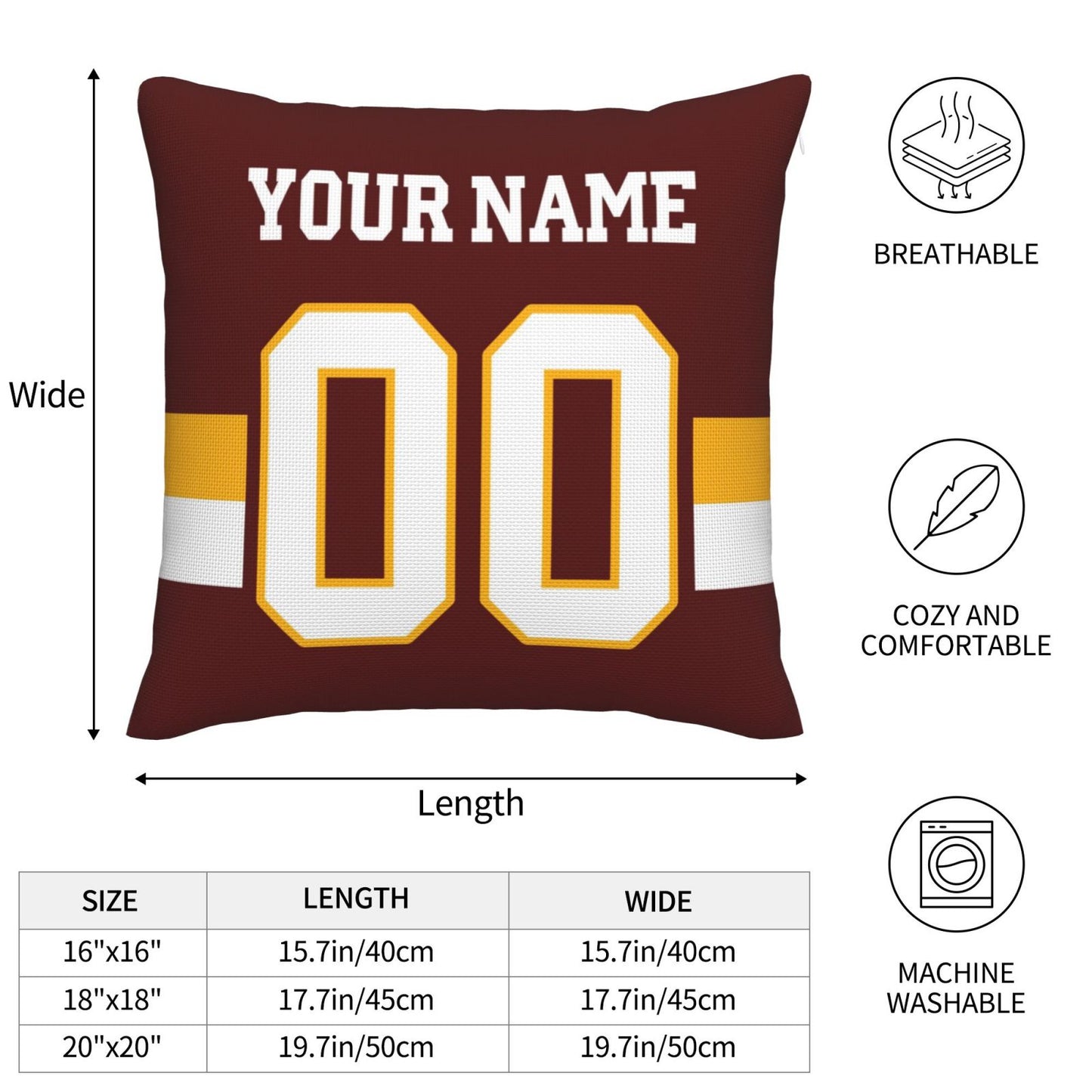 Custom Burgundy Washington Commanders Decorative Throw Pillow Case - Print Personalized Football Team Fans Name & Number Birthday Gift