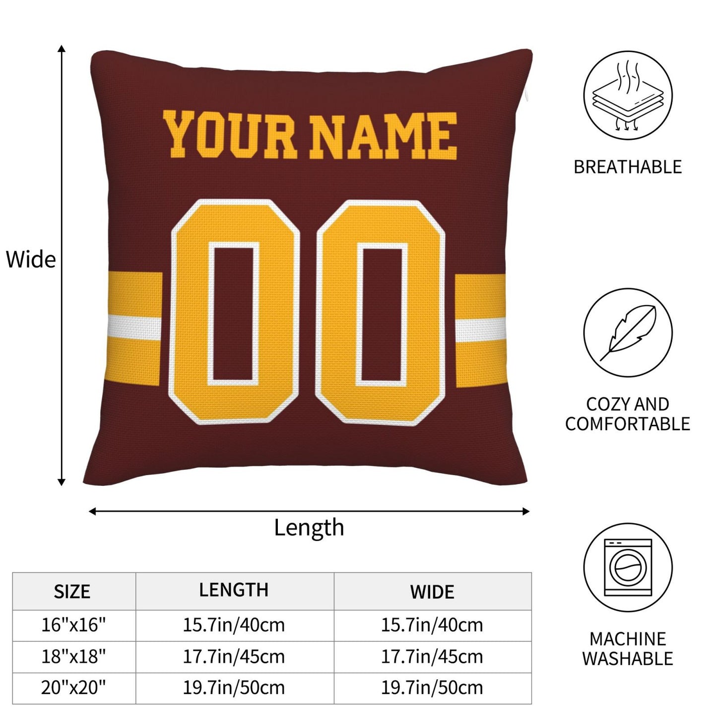 Custom Burgundy Gold Washington Commanders Decorative Throw Pillow Case - Print Personalized Football Team Fans Name & Number Birthday Gift