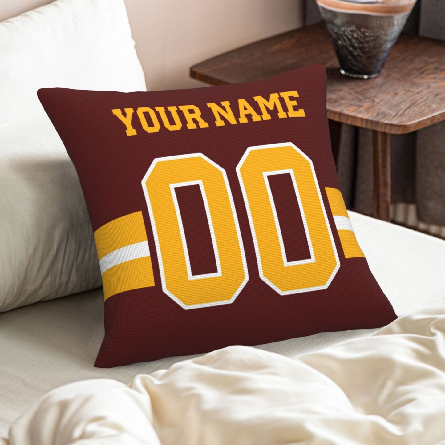 Custom Burgundy Gold Washington Commanders Decorative Throw Pillow Case - Print Personalized Football Team Fans Name & Number Birthday Gift
