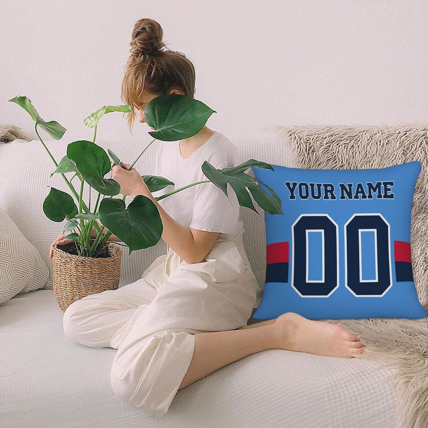 Custom Light Blue Tennessee Titans Decorative Throw Pillow Case - Print Personalized Football Team Fans Name & Number Birthday Gift