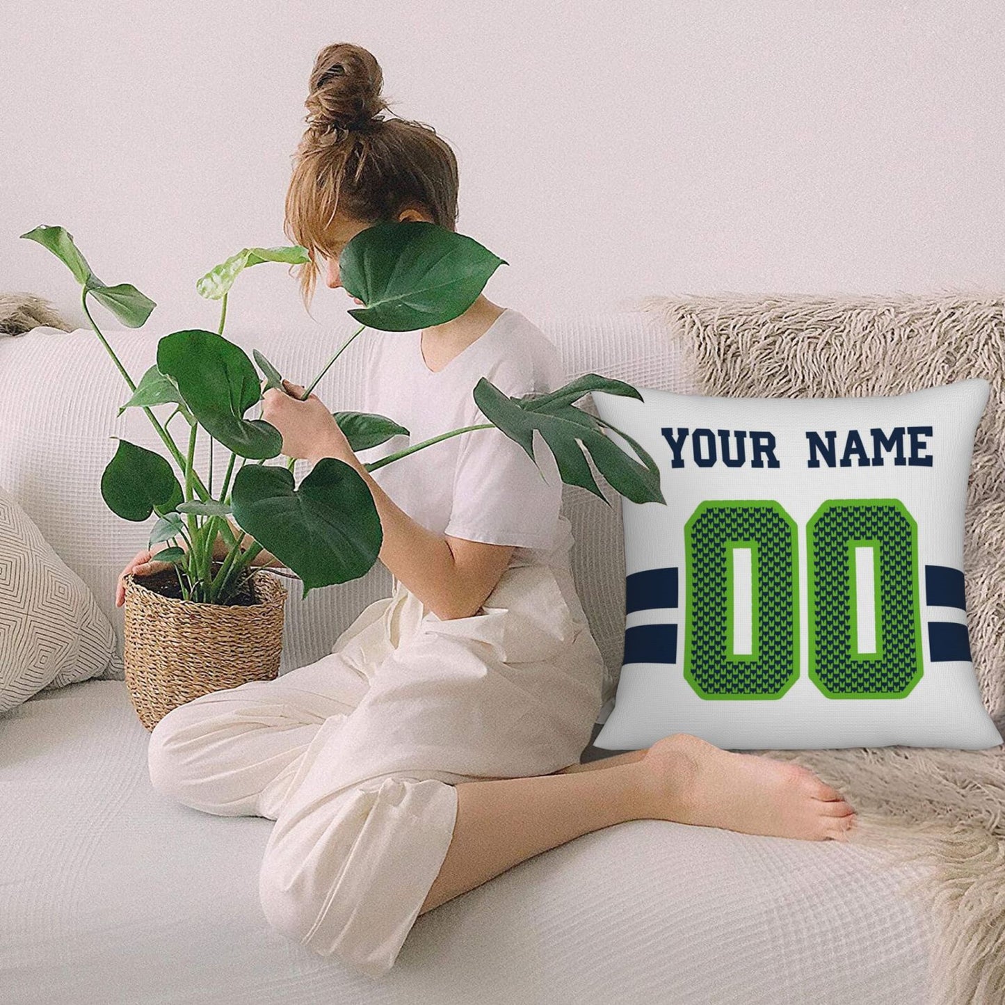 Custom White Seattle Seahawks Decorative Throw Pillow Case - Print Personalized Football Team Fans Name & Number Birthday Gift