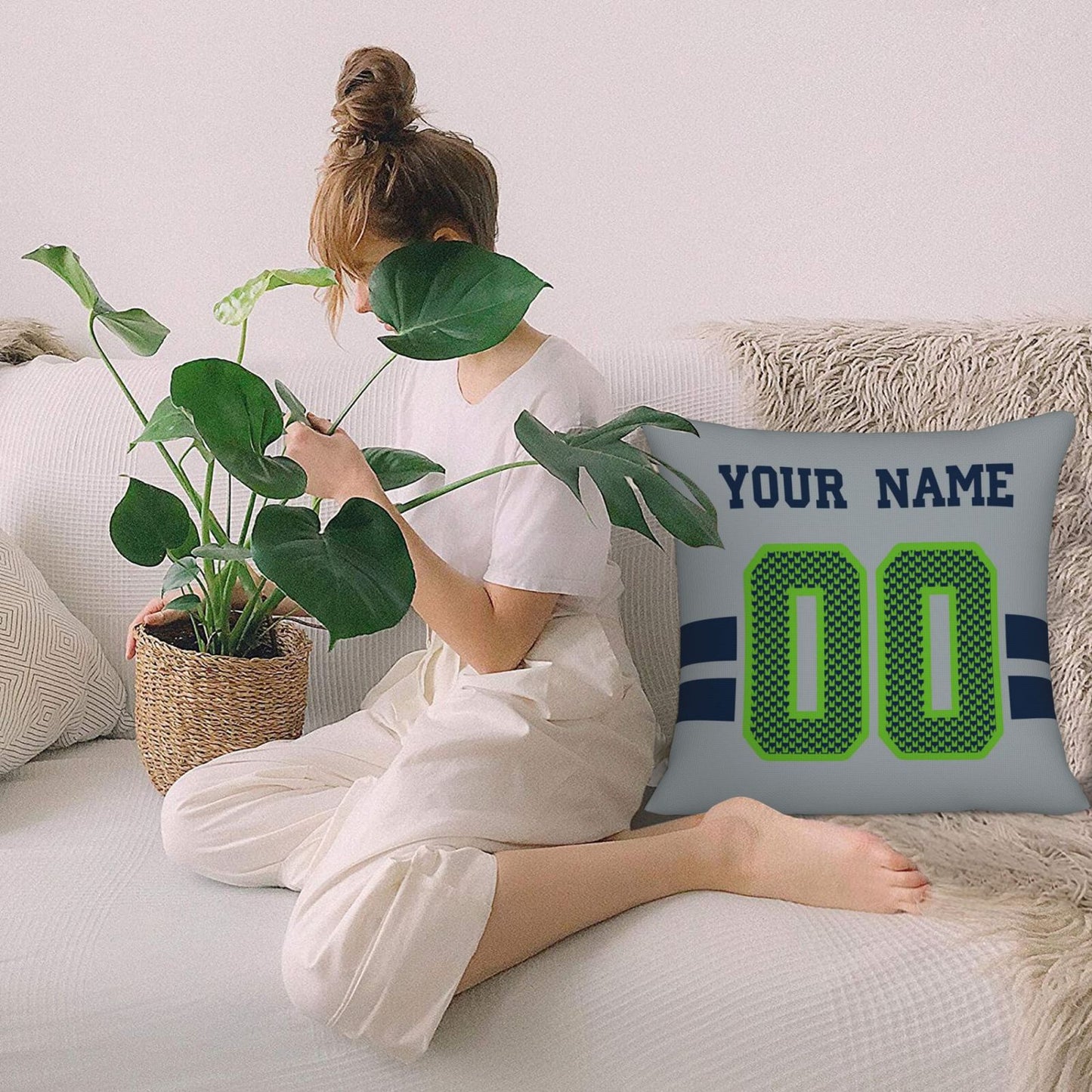 Custom Gray Seattle Seahawks Decorative Throw Pillow Case - Print Personalized Football Team Fans Name & Number Birthday Gift