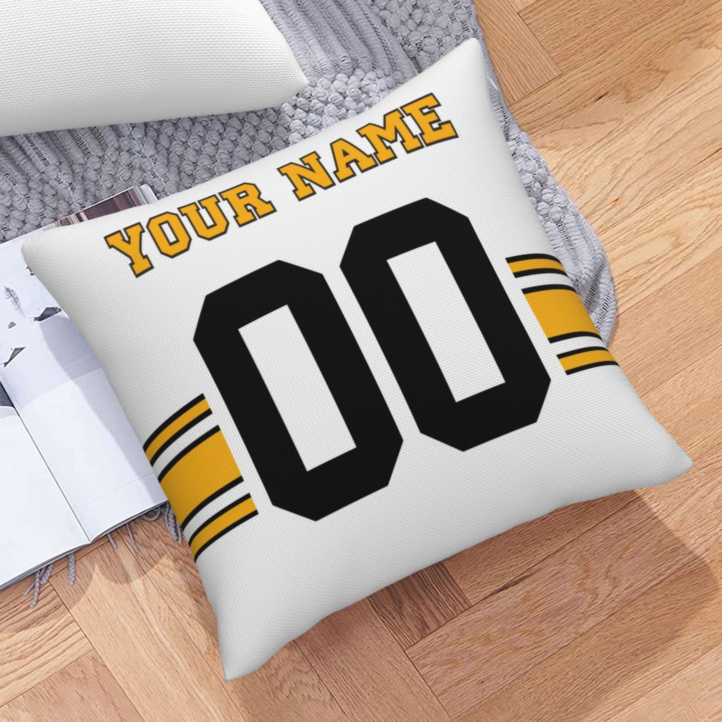 Custom White Pittsburgh Steelers Decorative Throw Pillow Case - Print Personalized Football Team Fans Name & Number Birthday Gift