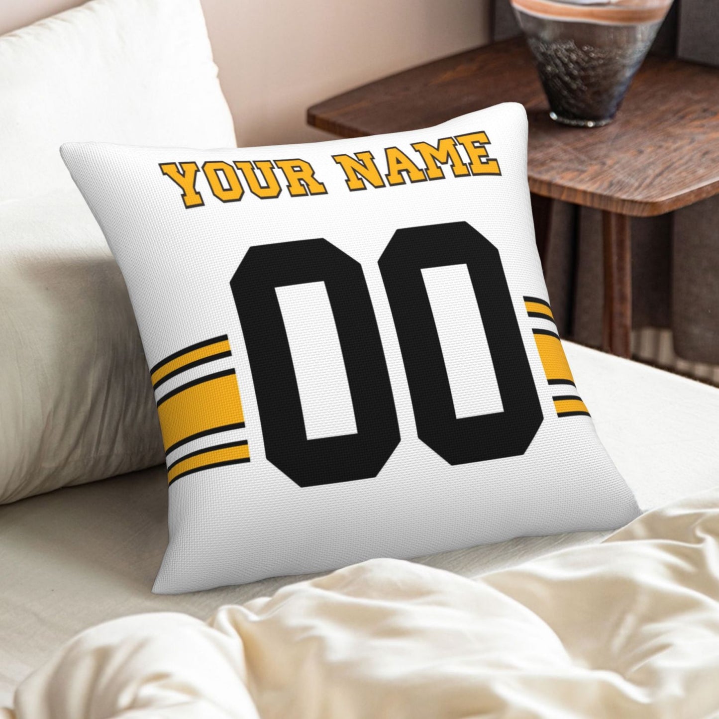 Custom White Pittsburgh Steelers Decorative Throw Pillow Case - Print Personalized Football Team Fans Name & Number Birthday Gift