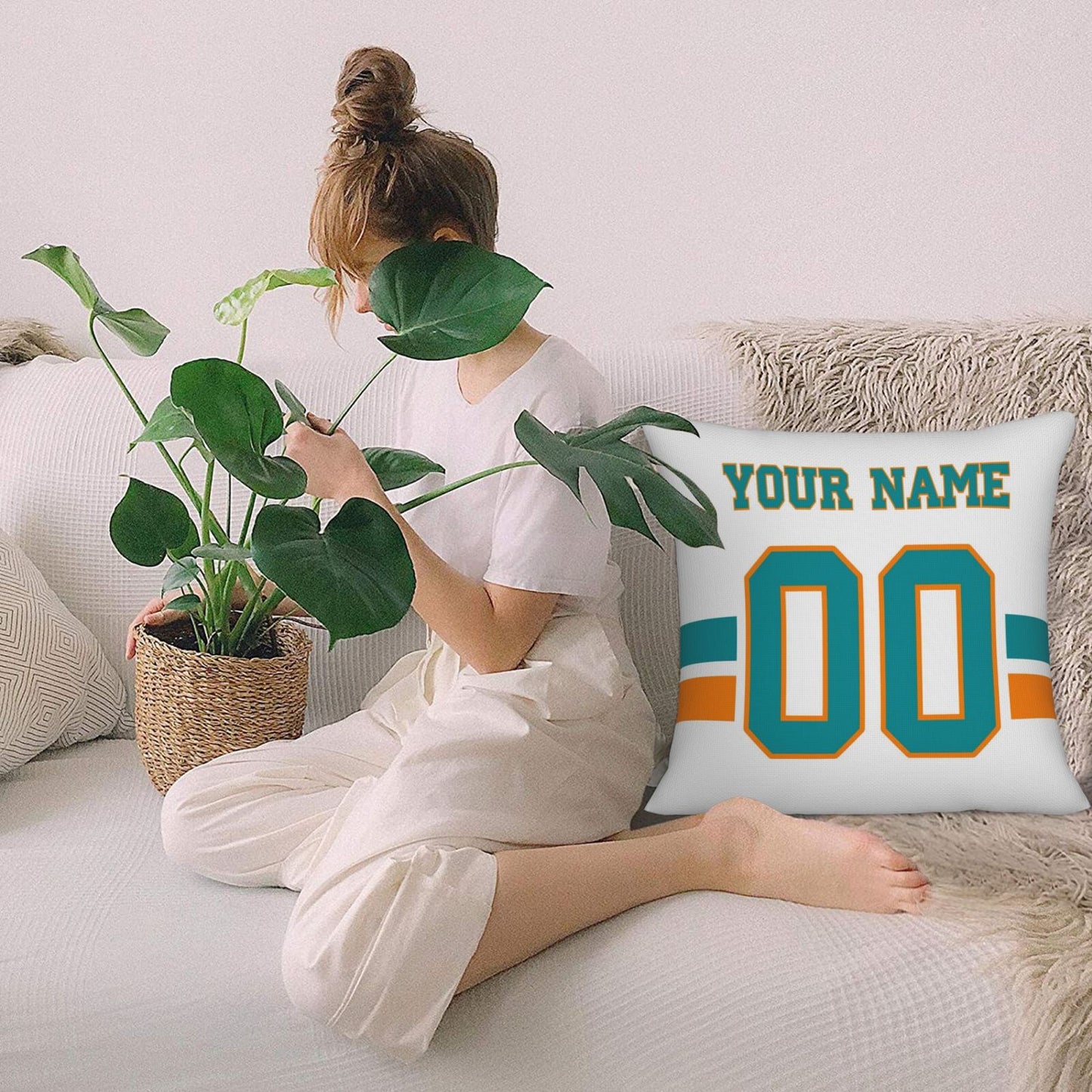Customized Miami Dolphins Football Team Decorative Throw Pillow Case Print Personalized Football Style Fans Letters & Number White Pillowcase Birthday Gift