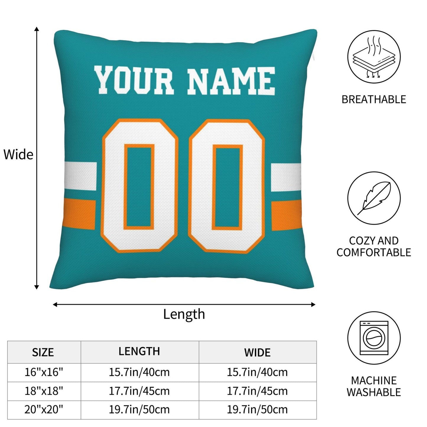 Customized Miami Dolphins Football Team Decorative Throw Pillow Case Print Personalized Football Style Fans Letters & Number Aqua Pillowcase Birthday Gift