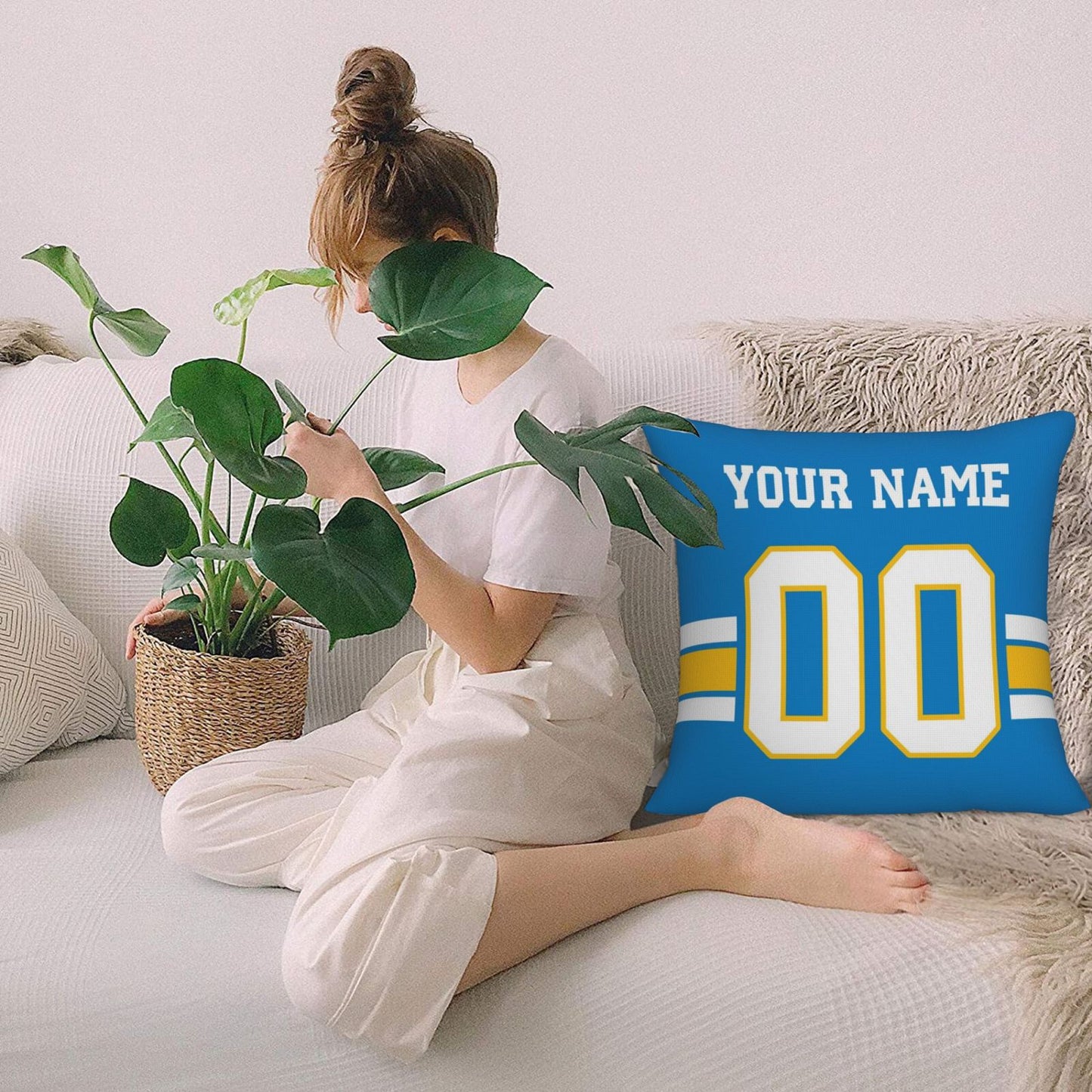 Customized Los Angeles Chargers Football Team Decorative Throw Pillow Case Print Personalized Football Style Fans Letters & Number Powder Blue Pillowcase Birthday Gift