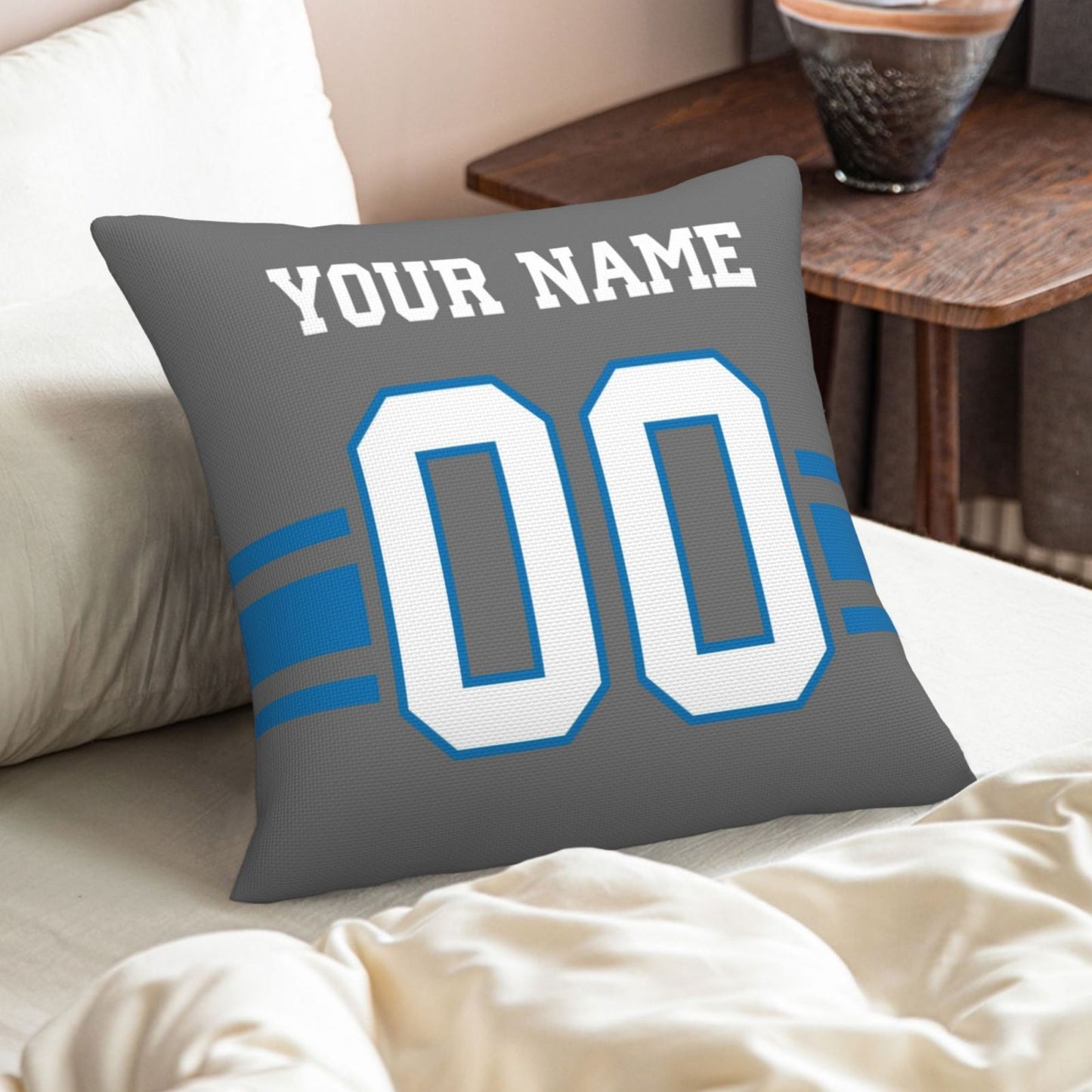 Customized Detroit Lions Football Team Decorative Throw Pillow Case Print Personalized Football Style Fans Letters & Number Gray Pillowcase Birthday Gift