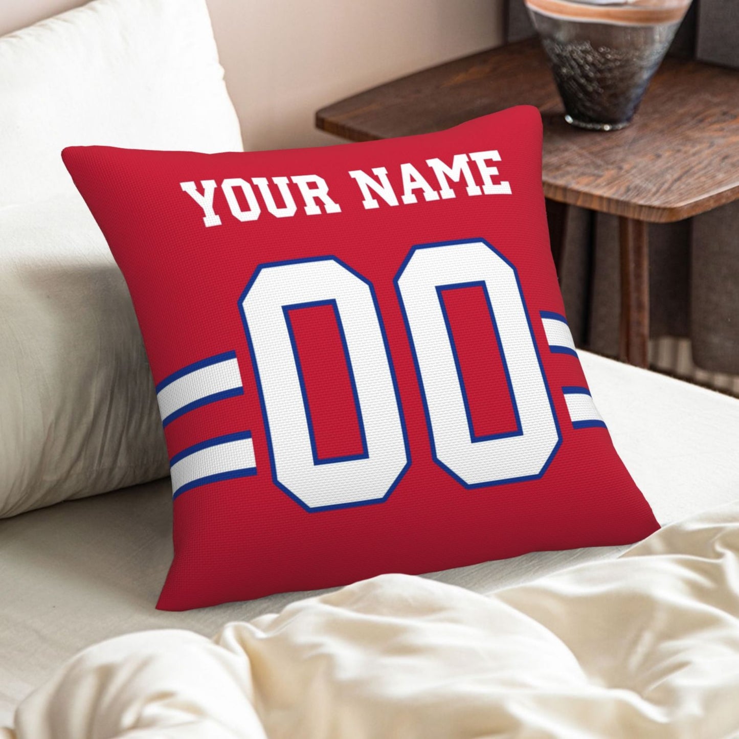 Customized Red Buffalo Bills Football Team Decorative Throw Pillow Case Print Personalized Football Style Fans Letters & Number Birthday Gift