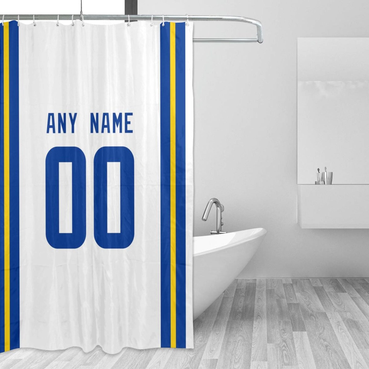 Custom Football Los Angeles Rams style personalized shower curtain custom design name and number set of 12 shower curtain hooks Rings
