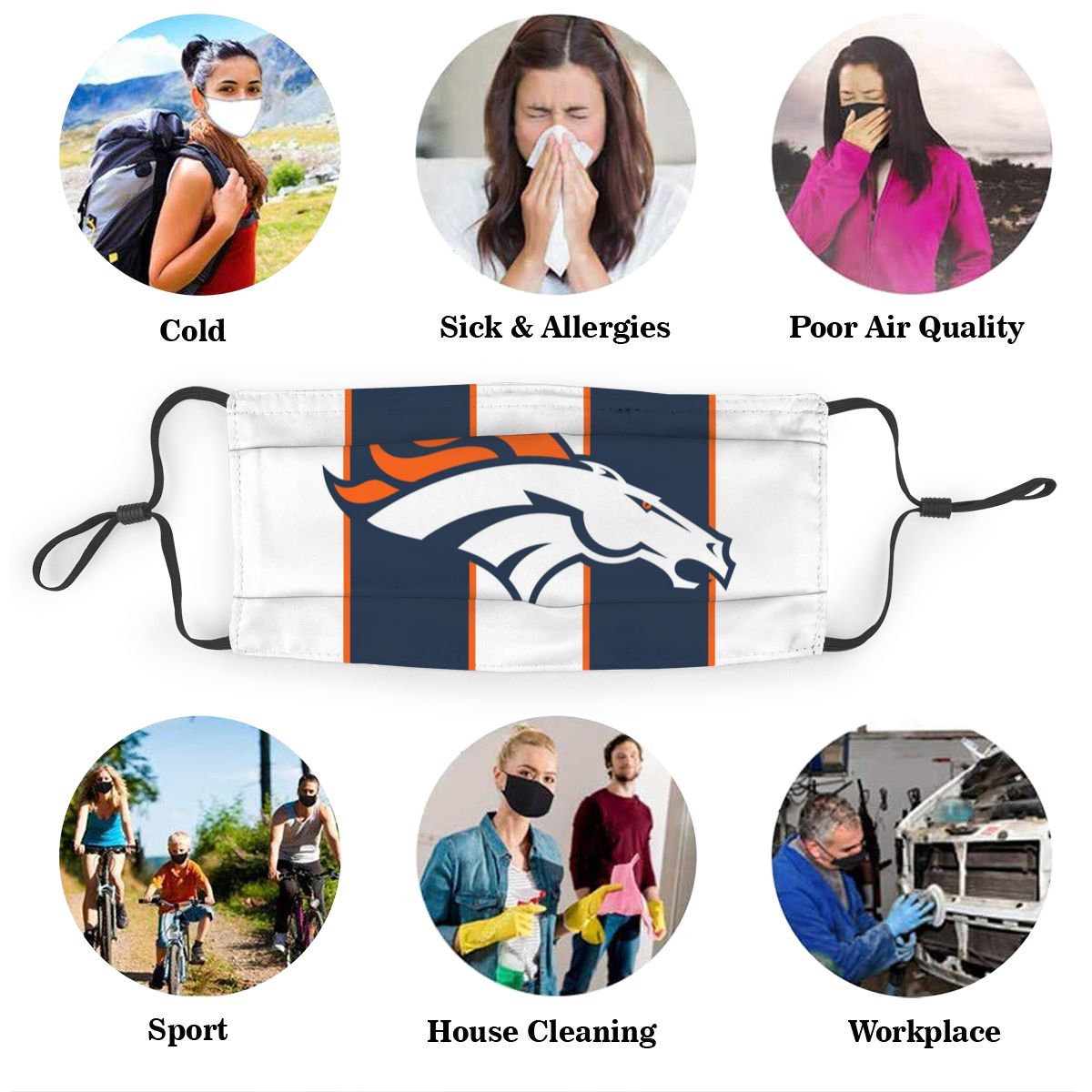 Custom Football Personalized CO.D.Bronco 01-White Dust Face Mask With Filters PM 2.5