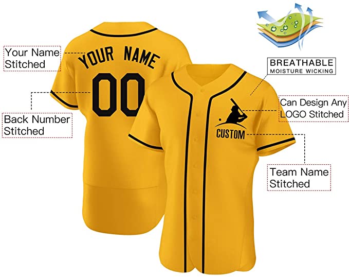 Custom Gold Stitched Baseball Jersey Personalized Button Down Baseball T Shirt