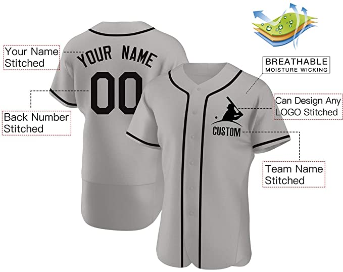 Custom Grey Stitched Baseball Jersey Personalized Button Down Baseball T Shirt