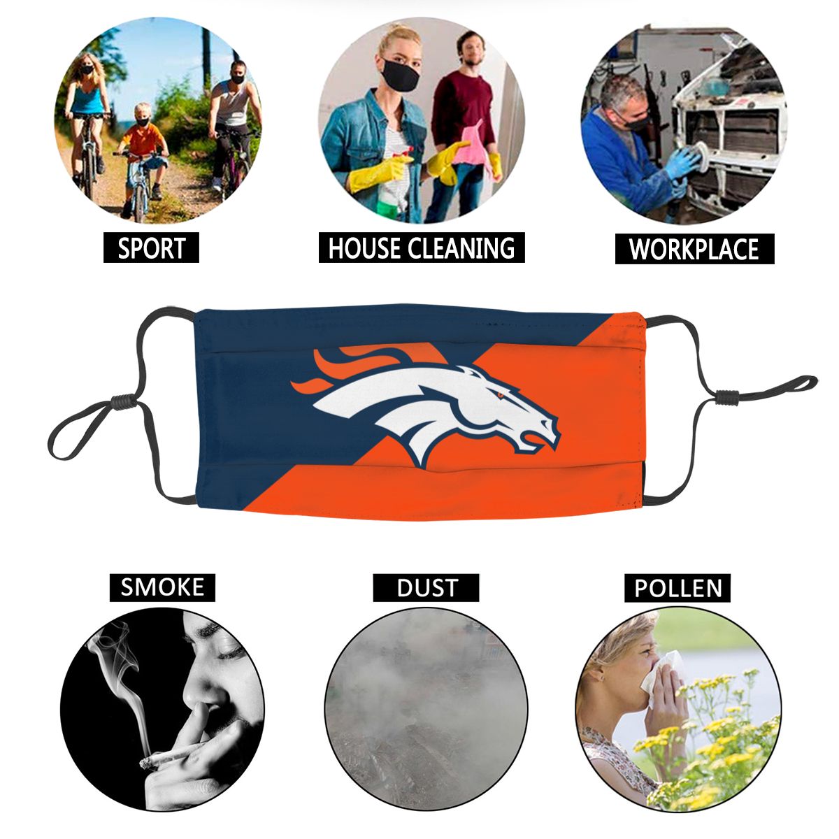 Custom Football Personalized Denver Broncos Dust Face Mask With Filters PM 2.5