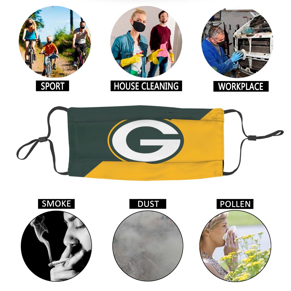 Custom Football Personalized Green Bay Packers Dust Face Mask With Filters PM 2.5