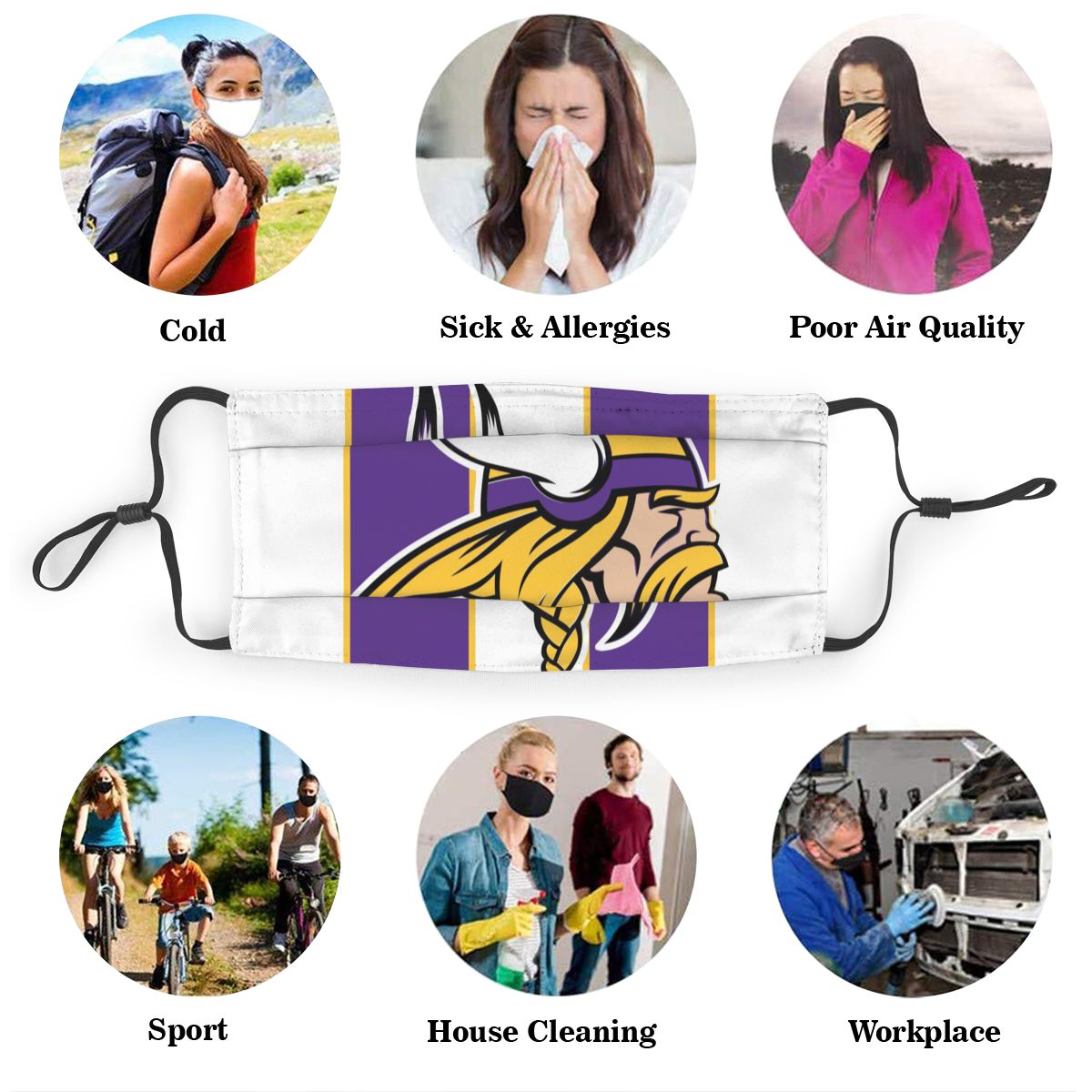 Custom Football Personalized MN. Viking 01- White Dust Face Mask With Filters PM 2.5