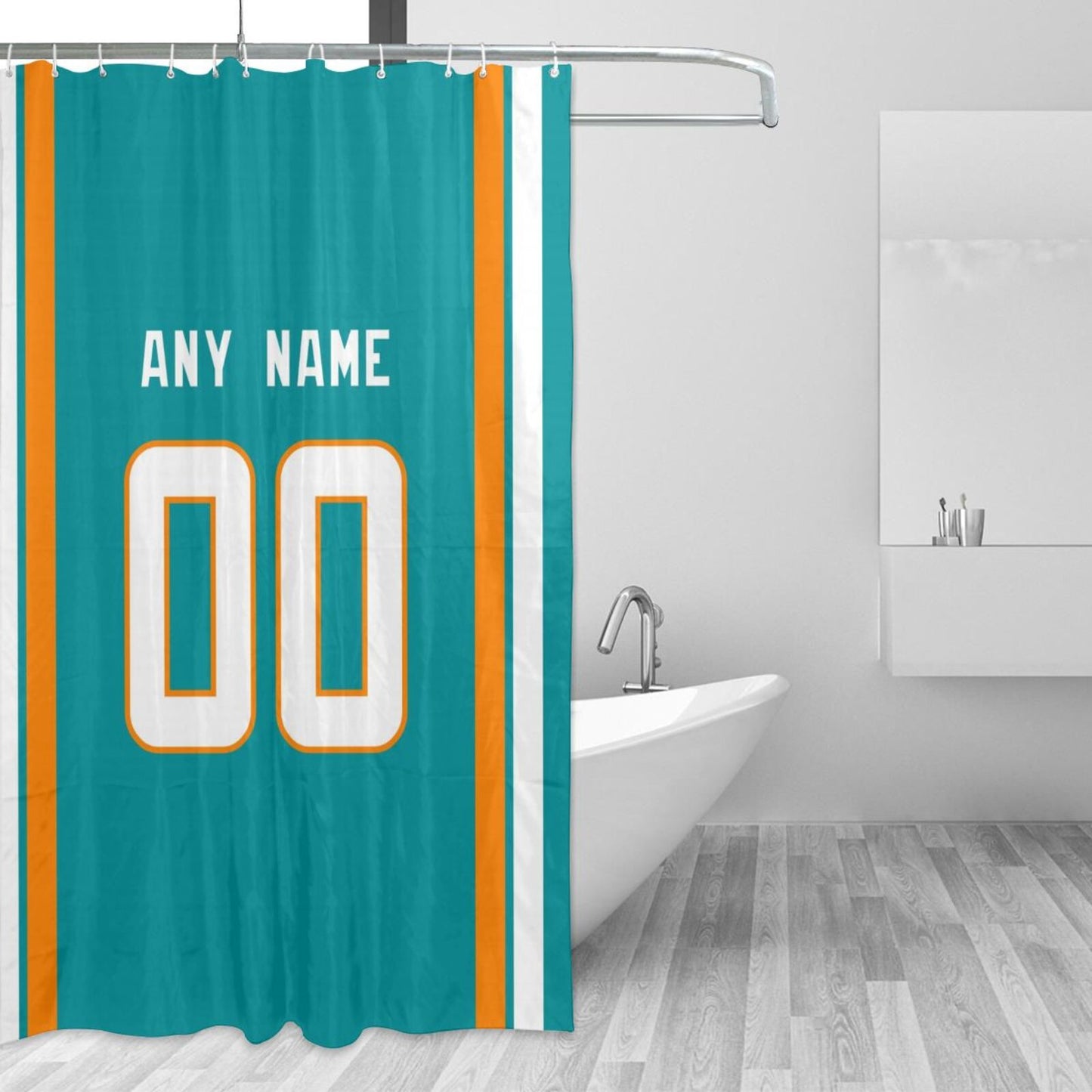 Custom Football Miami Dolphins style personalized shower curtain custom design name and number set of 12 shower curtain hooks Rings