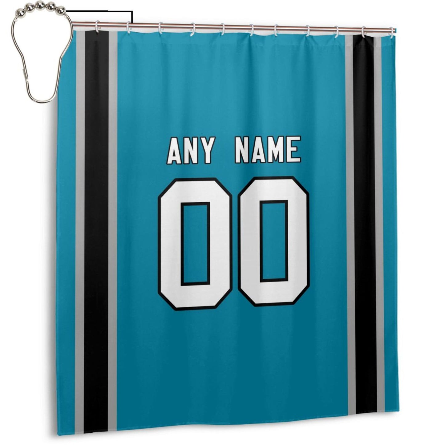 Custom Football Carolina Panthers style personalized shower curtain custom design name and number set of 12 shower curtain hooks Rings
