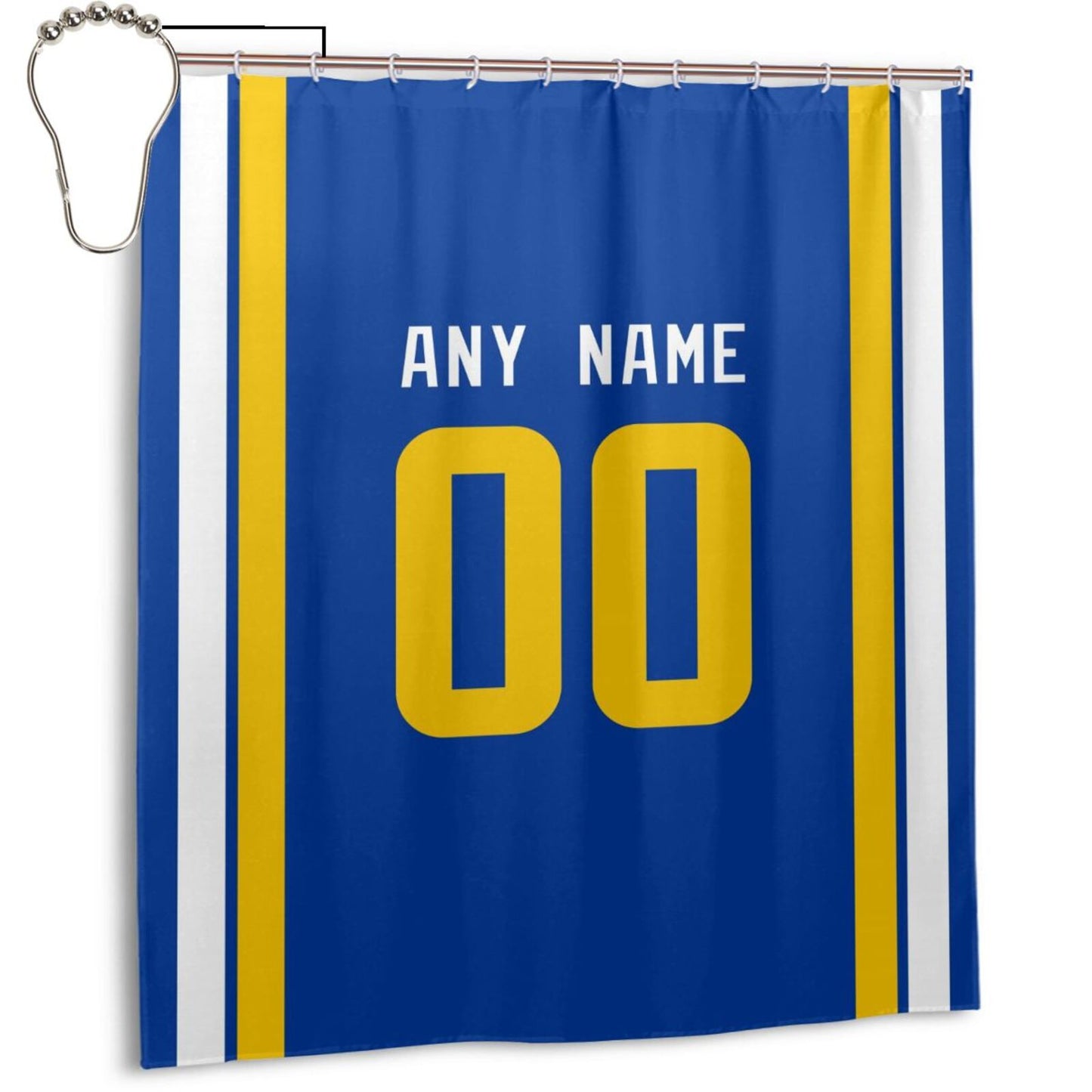 Custom Football Los Angeles Rams style personalized shower curtain custom design name and number set of 12 shower curtain hooks Rings