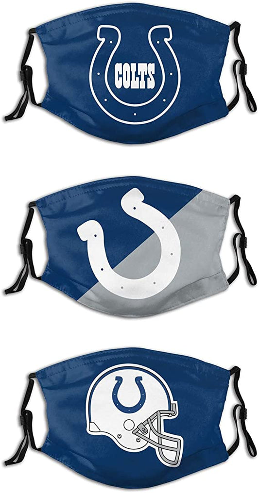 Football Face Mask Colts 3 Packs Washable Reusable Total With 6 Filters Breathable Sports Women Men Face Cover