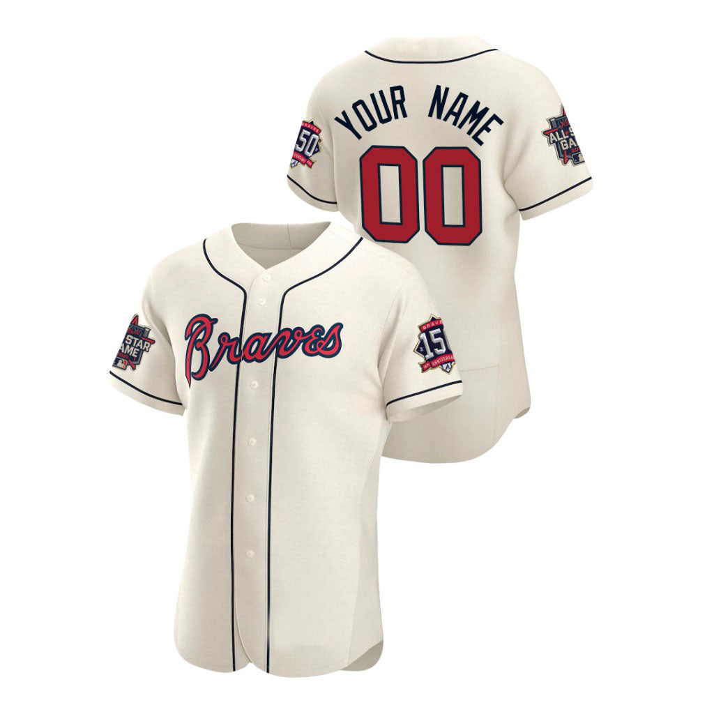 Mens Custom Atlanta Braves Stitched Cream Baseball Jersey Game Patch 2021 All Star 150th