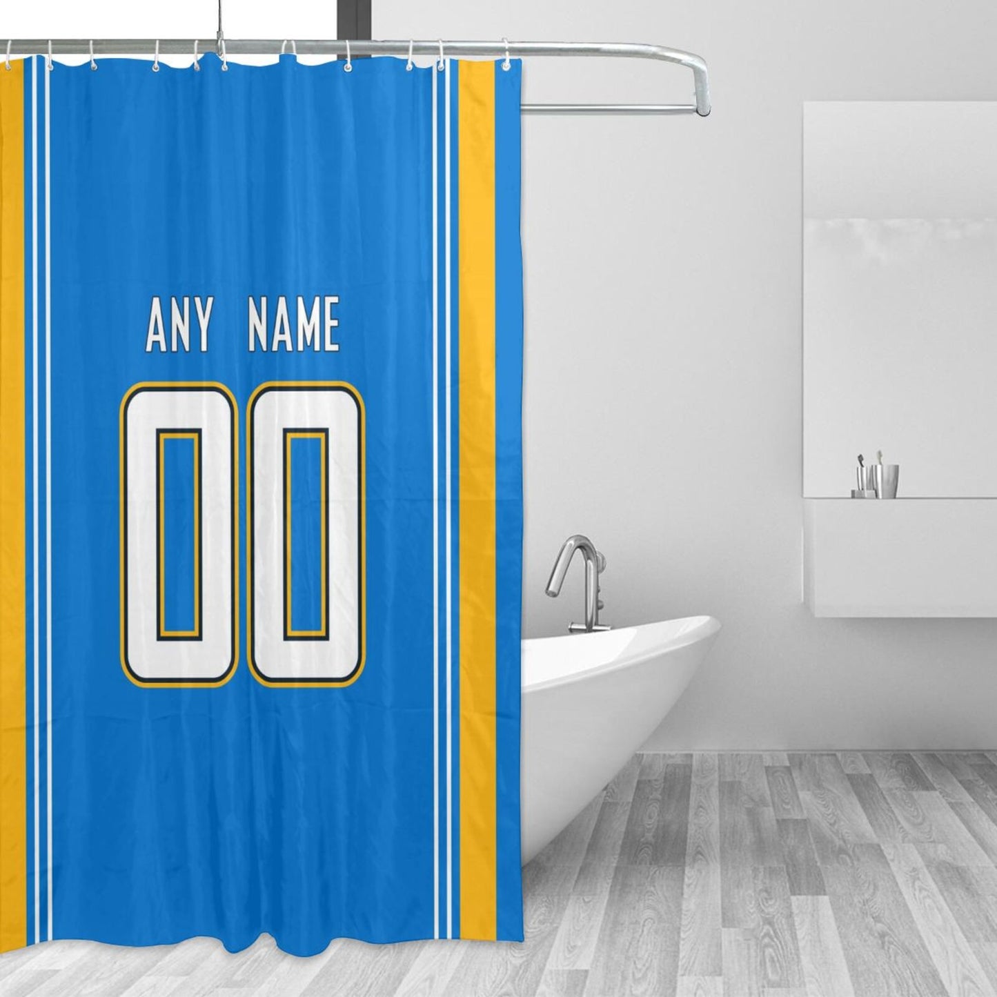 Custom Football Los Angeles Chargers style personalized shower curtain custom design name and number set of 12 shower curtain hooks Rings