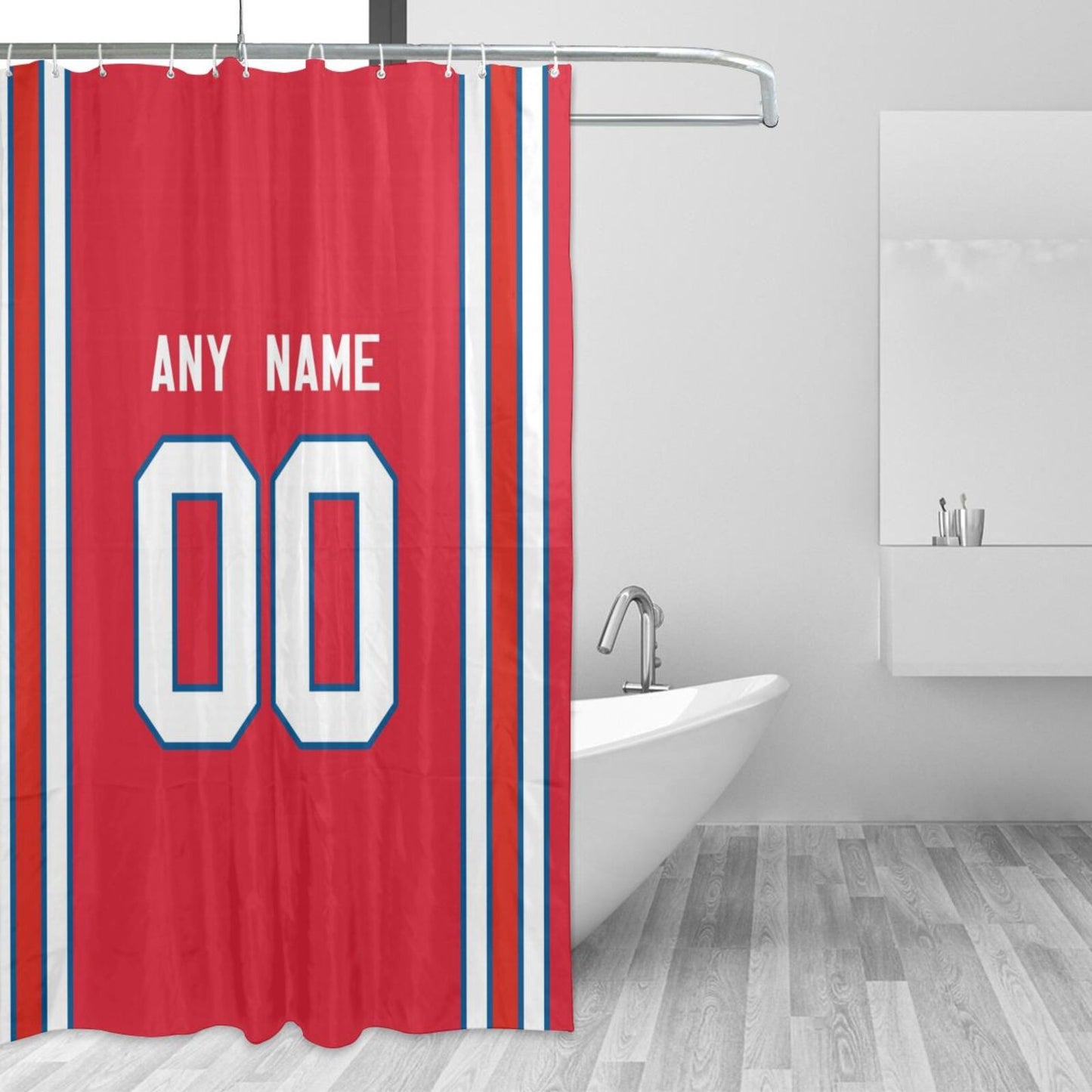Custom Football Buffalo Bills style personalized shower curtain custom design name and number set of 12 shower curtain hooks Rings