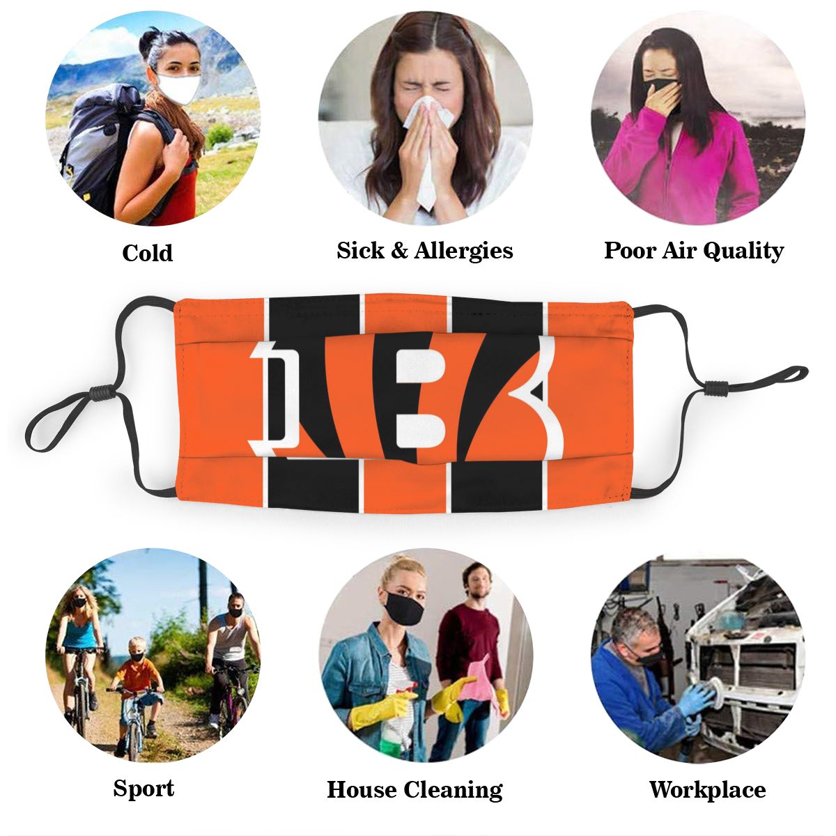 Custom Football Personalized C.Bengal 01-Orange Dust Face Mask With Filters PM 2.5