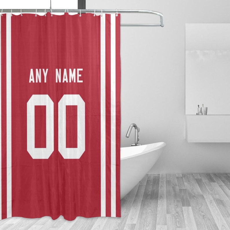 Custom Football San Francisco 49ers style personalized shower curtain custom design name and number set of 12 shower curtain hooks Rings