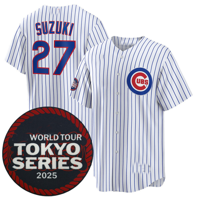 Chicago Cubs #27 Seiya Suzuki White 2025 World Tour Tokyo Series Home Stitched Baseball Jersey