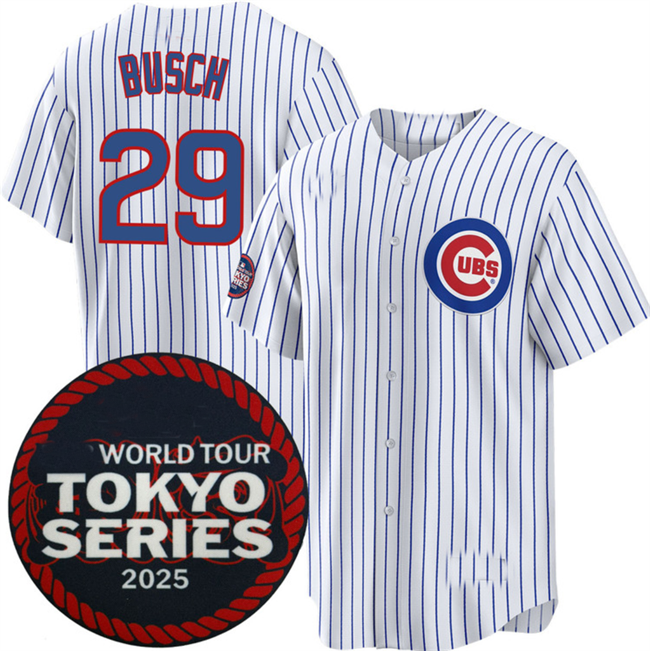 Chicago Cubs #29 Michael Busch White 2025 World Tour Tokyo Series Home Stitched Baseball Jersey