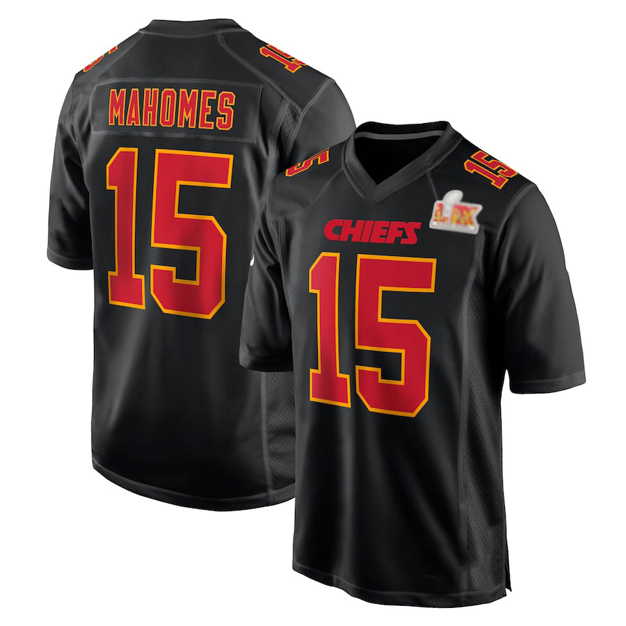 KC.Chiefs #15 Patrick Mahomes Black Carbon Fashion Super Bowl LIX Game Jersey
