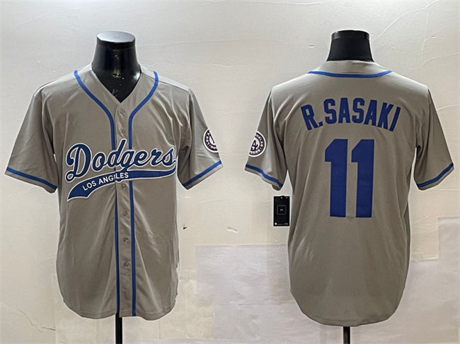 Los Angeles Dodgers #11 Roki Sasaki Gray With Patch Cool Base Stitched Baseball Jersey