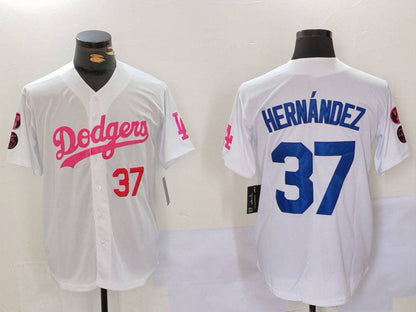 Los Angeles Dodgers #37 Teoscar Hern¨¢ndez White Pink Vin & Kobe Patch Stitched Baseball Jersey