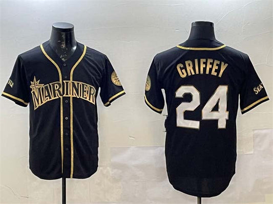 Seattle Mariners #24 Ken Griffey Jr. Black Gold Cool Base Stitched Baseball Jersey
