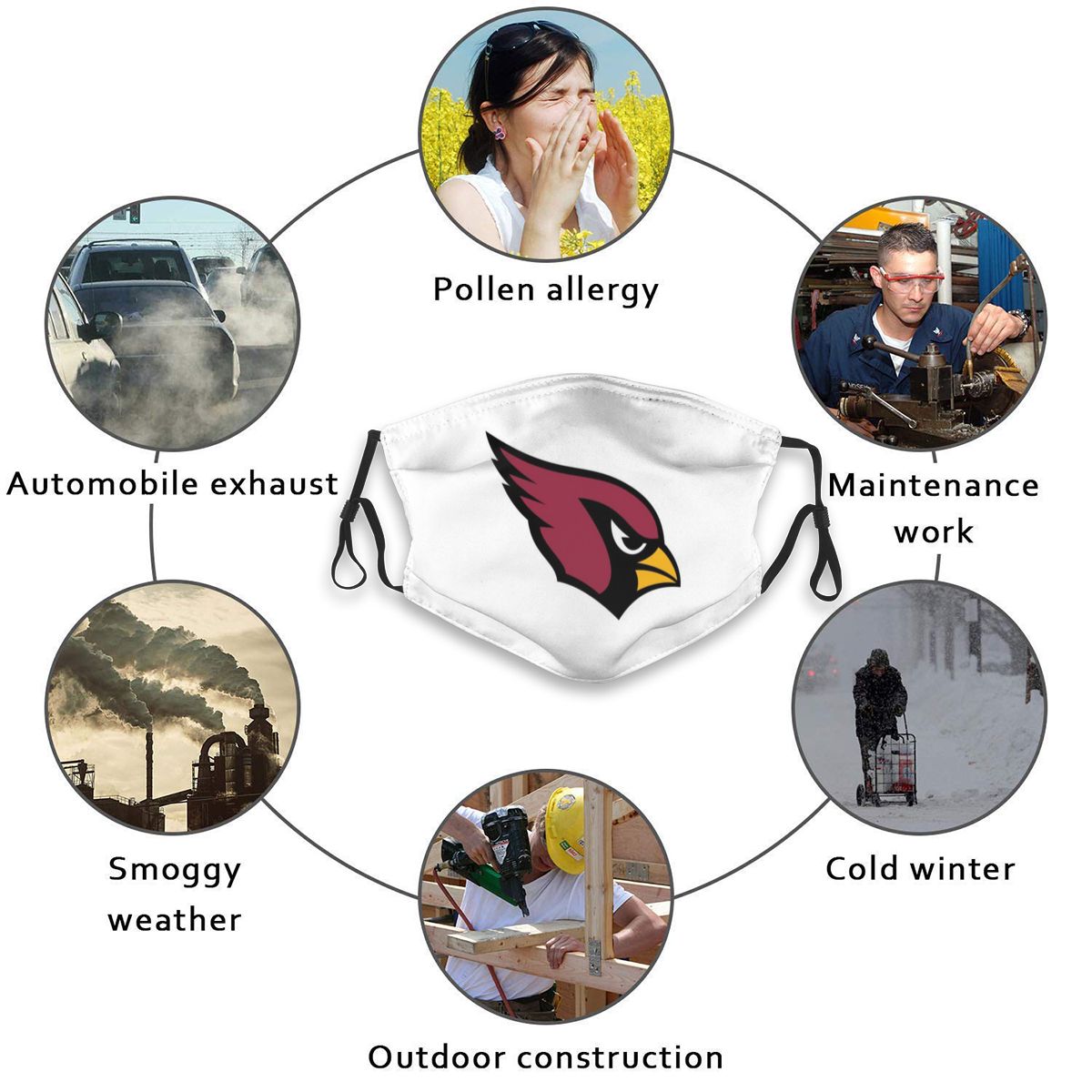 Print Football Personalized White Arizona Cardinals Adult Face Mask With Filters PM 2.5