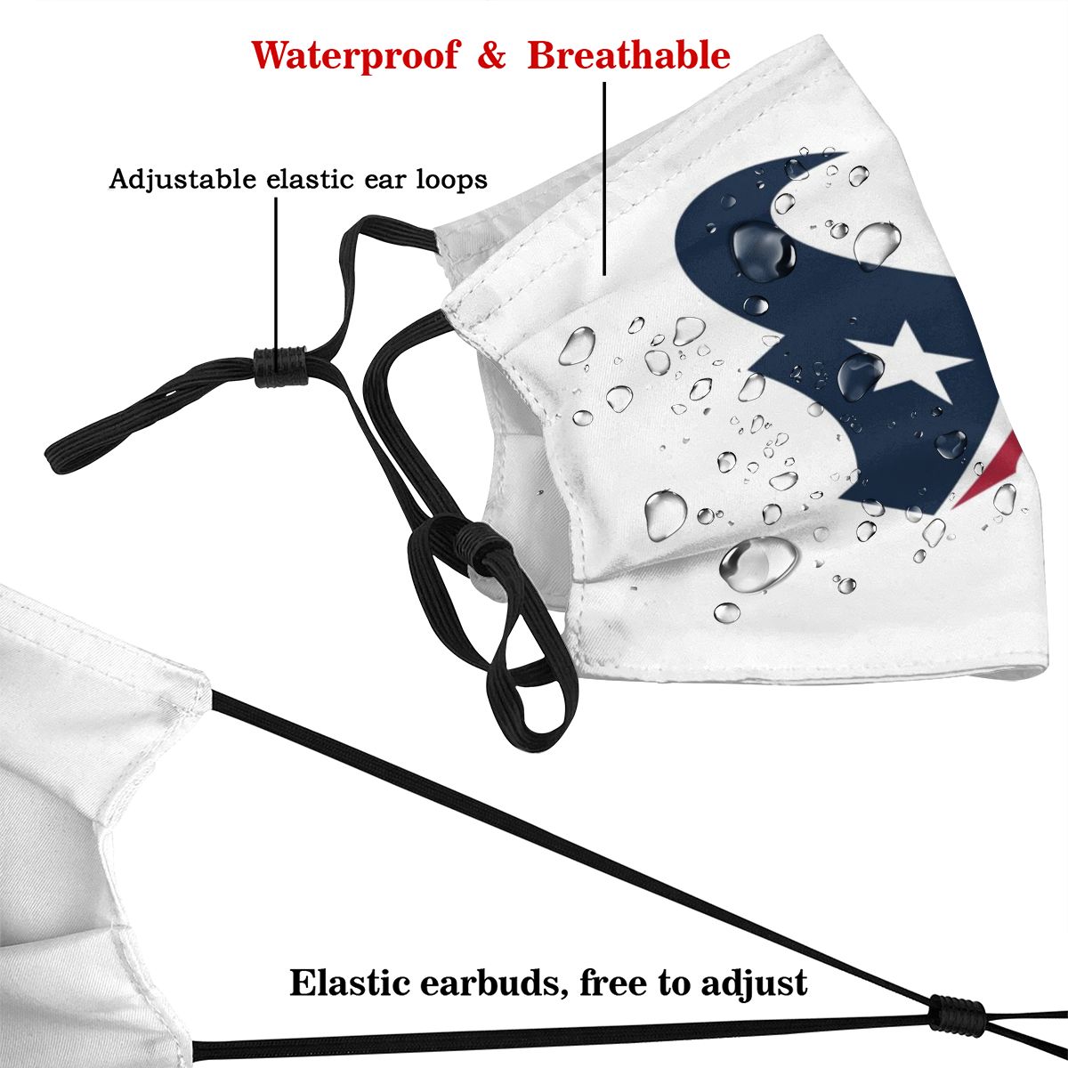 Print White Football Personalized Houston Texans Adult Dust Mask With Filters PM 2.5
