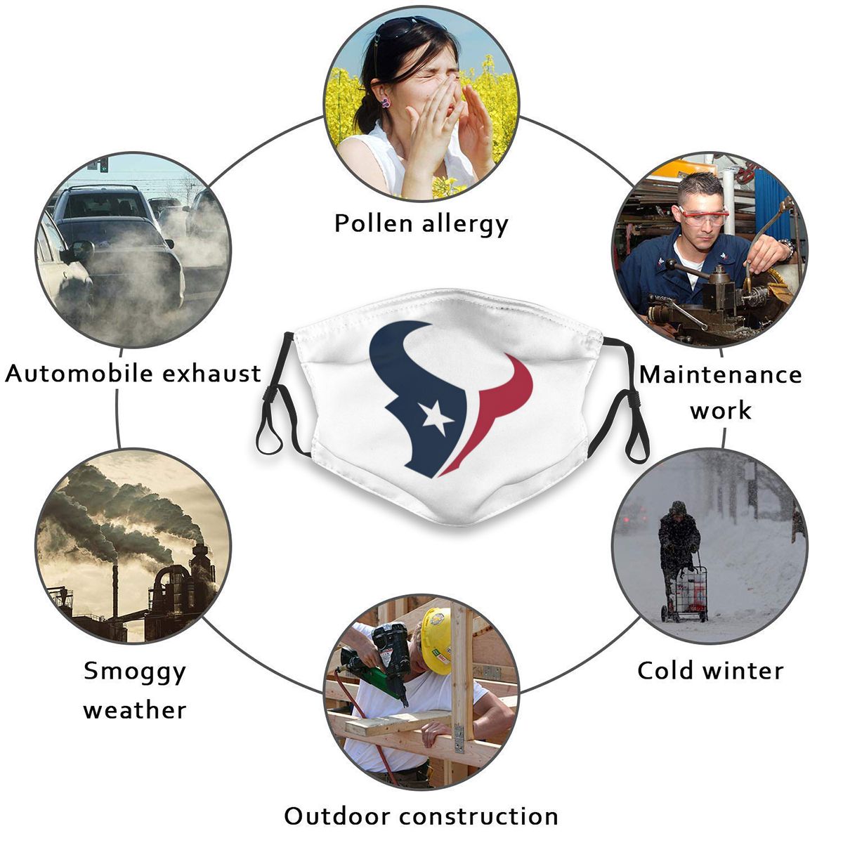 Print White Football Personalized Houston Texans Adult Dust Mask With Filters PM 2.5