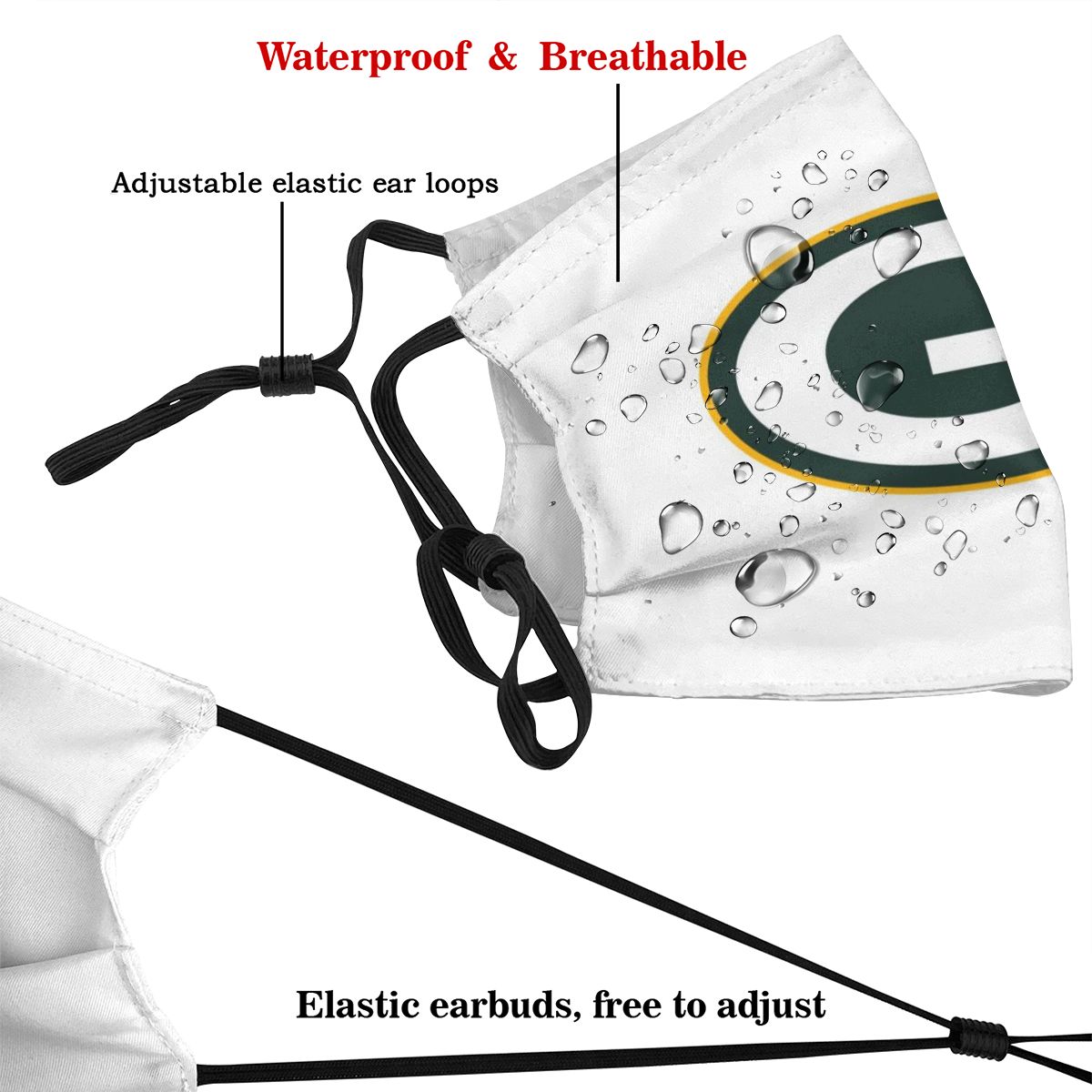 White Print Football Personalized Green Bay Packers Adult Dust Mask With PM 2.5 Filters