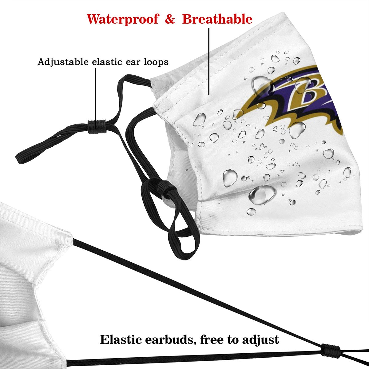 Print Football Personalized White Baltimore Ravens Adult Dust Mask With Filters PM 2.5