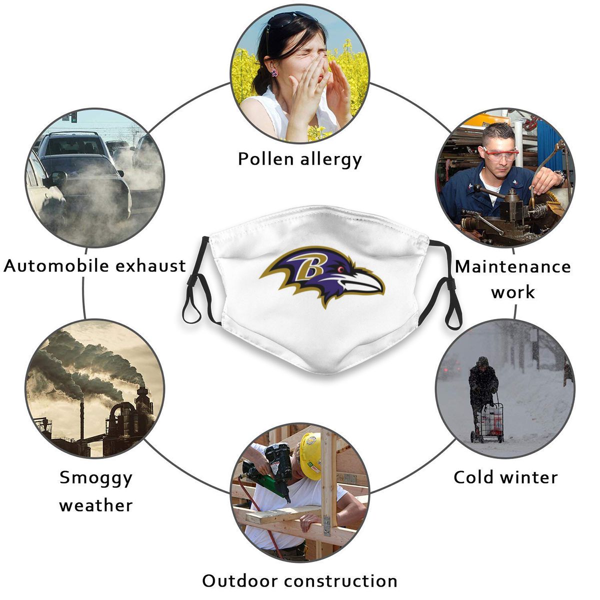 Print Football Personalized White Baltimore Ravens Adult Dust Mask With Filters PM 2.5