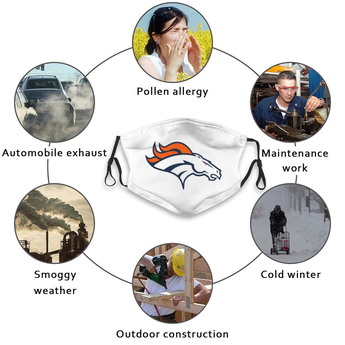 White Print Football Personalized Denver Broncos Adult Dust Mask With Filters PM 2.5