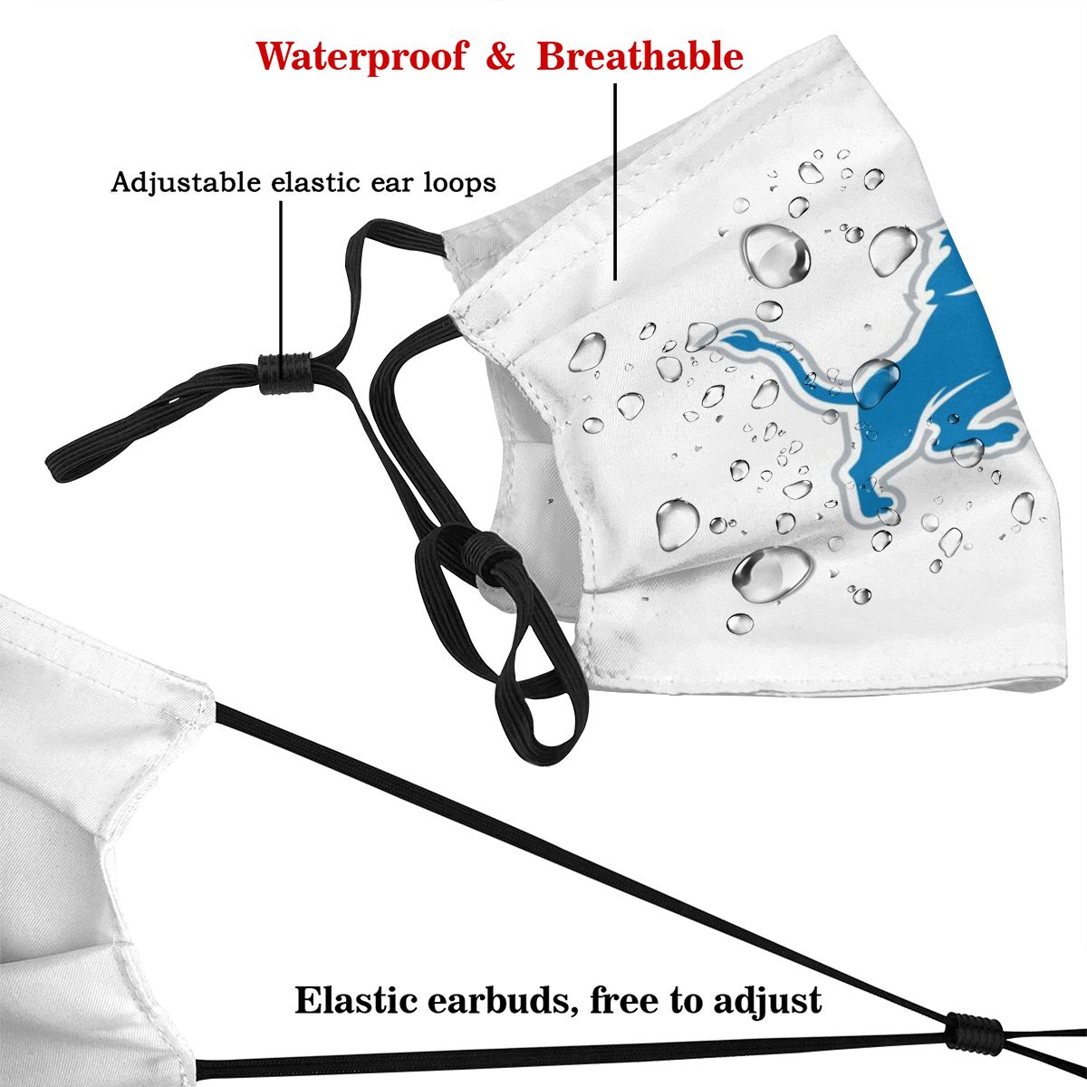 White Print Football Personalized Detroit Lions Adult Dust Mask With Filters PM 2.5